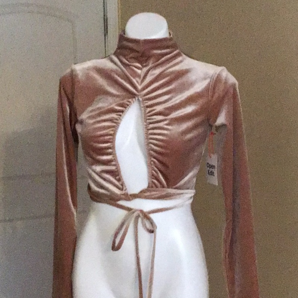 Open Edit keyhole long sleeves mock neck  velour cropped top